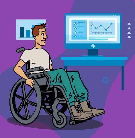 Botón cuadrado clicable con fondo violeta y una persona con discapacidad motriz leyendo en el monitor sobre análisis, con varios gráficos